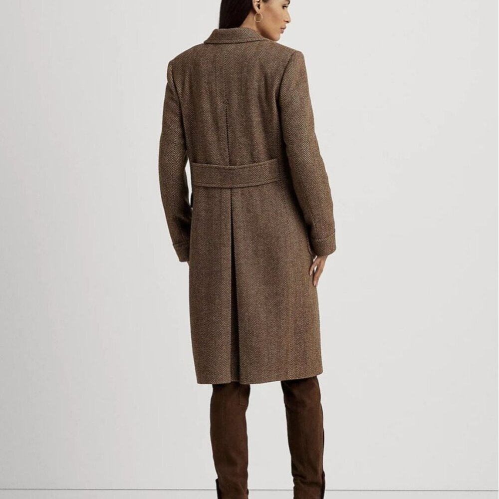Ralph Lauren Double-Breasted Herringbone Coat 14 Tan Multi Wool Academia NWT - Picture 2 of 13